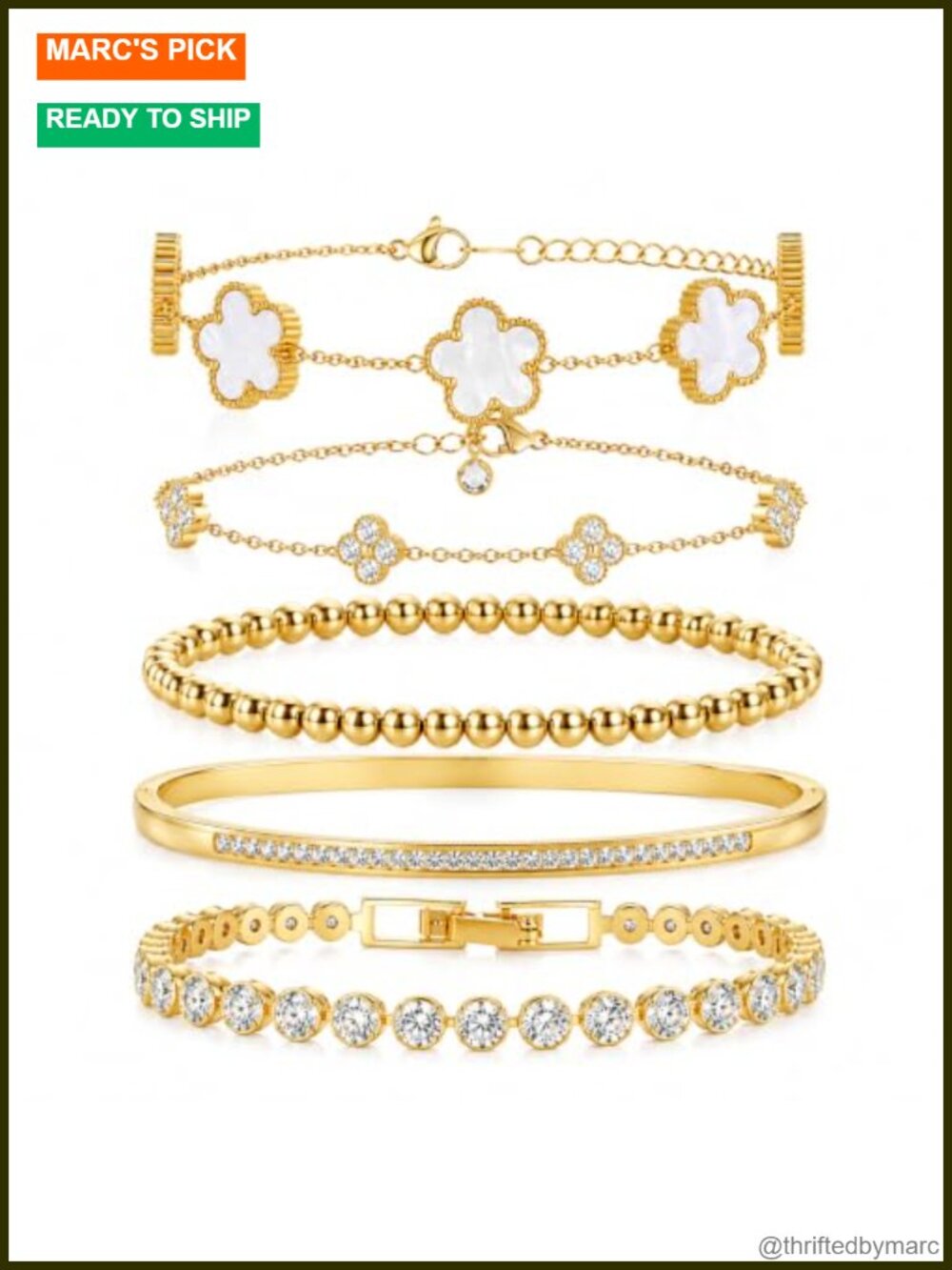 18K Gold Plated Clover Bracelet Set Adjustable Stackable Lucky Jewelry Gift